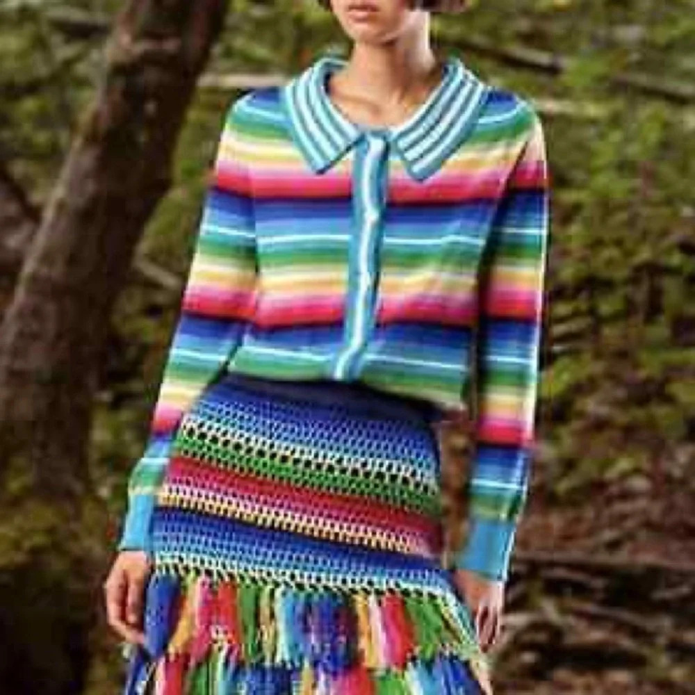 Happy Sheep Short Striped Rainbow Cardigan with Crochet Details- NEW - Medium